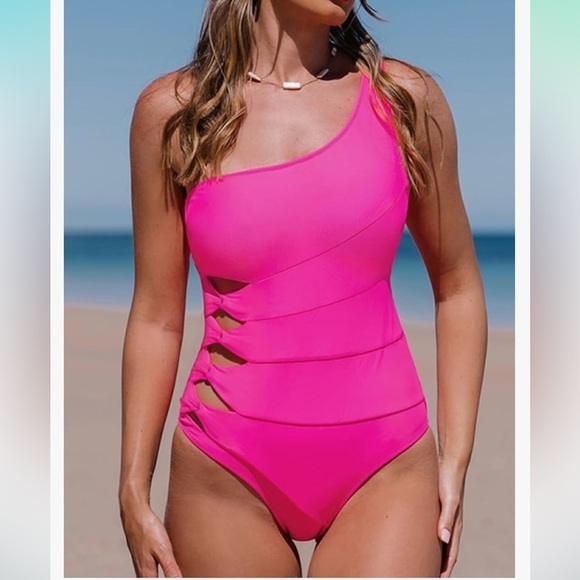 NWT One Piece Swimsuit One Shoulder Wasit Cut Out Bathing Suit - Picture 2 of 8